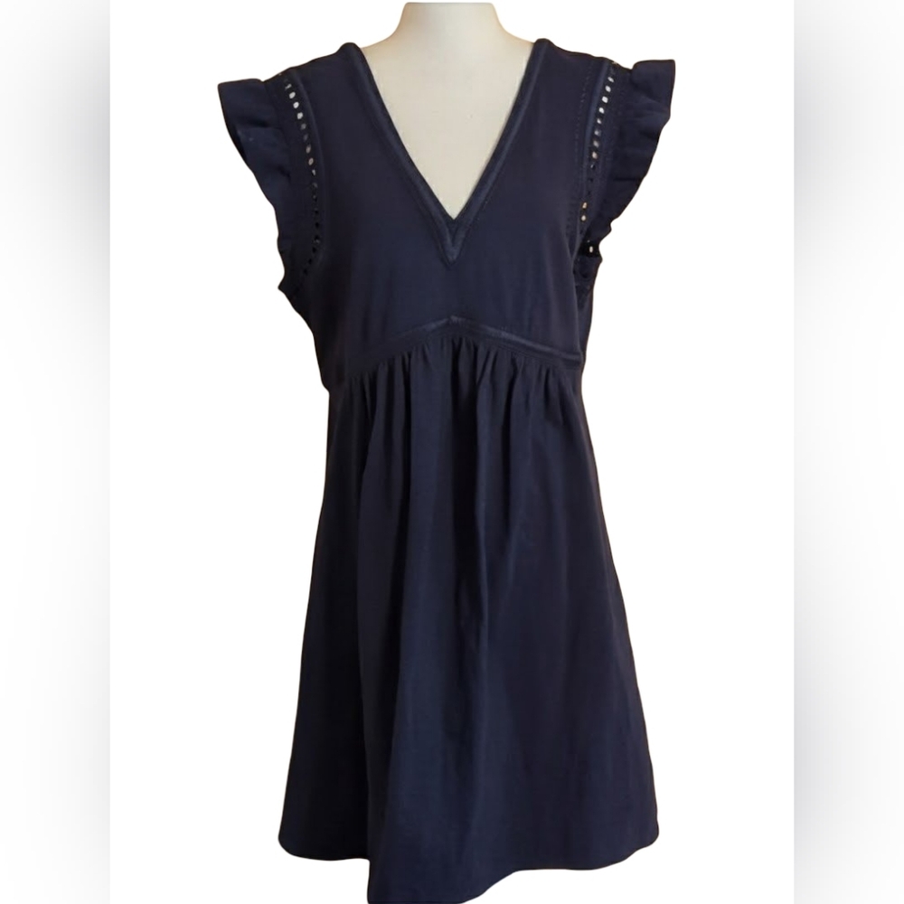 Boden Empire Detail Navy Ruffle Sleeve Jersey Dress Size 12 - Picture 3 of 10